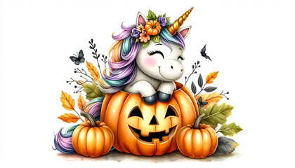 Watercolor Clipart of a funny Halloween unicorn in a pumpkin, isolated on a white background 