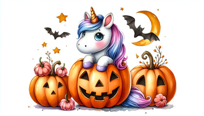 Watercolor Clipart of a funny Halloween unicorn in a pumpkin, isolated on a white background 