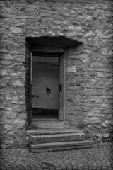 A stone doorway with a wooden door and three steps leads into a dark room