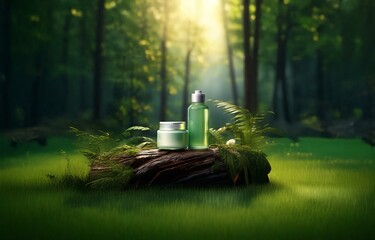 Fototapeta premium A green cream jar and a bottle of lotion sit on a mossy log in the forest.