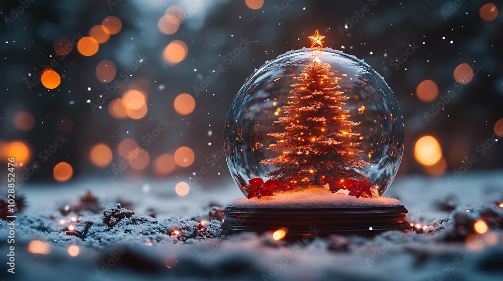 Poster a snow globe with a glowing christmas tree inside, sitting on a snowy surface with a bokeh effect.