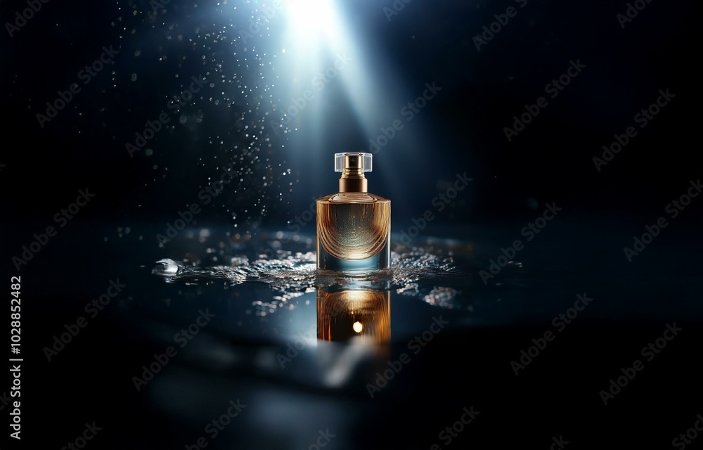 Poster a single perfume bottle sits on a dark surface. the liquid inside appears gold, as does the bottle's
