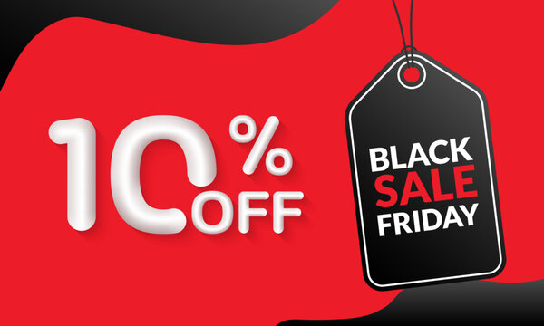 10 percent price off. Black Friday sale banner with hanging price tag. Discount banner, label, flyer design. Promo and marketing poster template. Vector illustration.