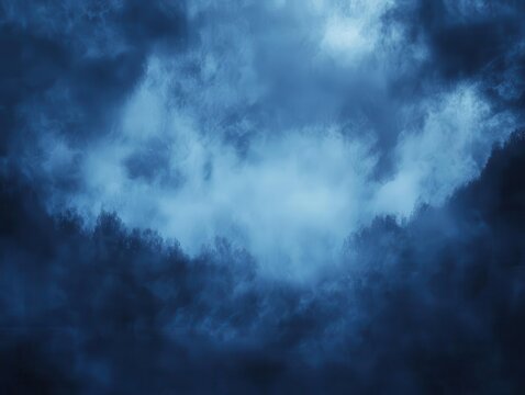 stormy clouds rolling across a dark blue sky, blended with wisps of fog and mist, creating a mysterious and dramatic atmosphere, infused with a sense of impending weather