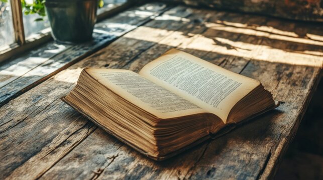 An empty scene featuring a half-open mysterious book on an old wooden table, creating an ideal product mockup space, with ample copy space for text,