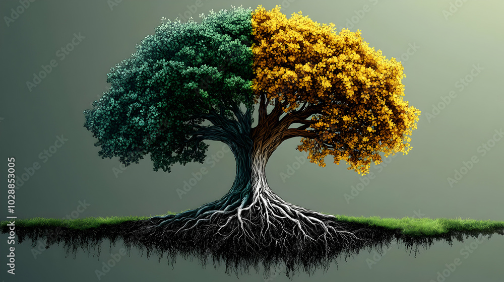 Poster a split tree symbolizing change with contrasting foliage colors.