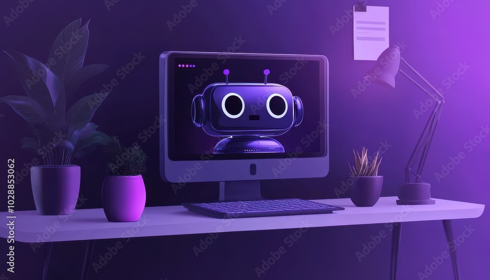 Poster ai robot engaging users at a sleek desk in a modern digital workspace