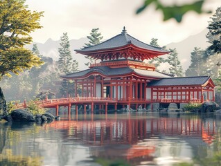 stunning 3d rendering of a traditional japanese temple surrounded by serene nature, showcasing intricate architectural details and a tranquil ambiance, inviting reflection and peace