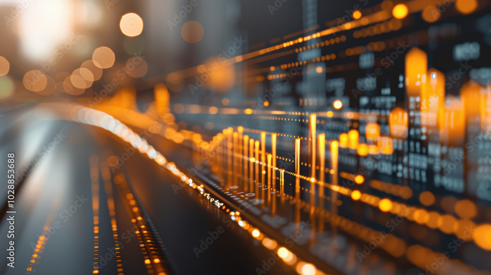 Poster dynamic finance graph showing sharp increase in stock trends with vibrant orange lines and glowing d