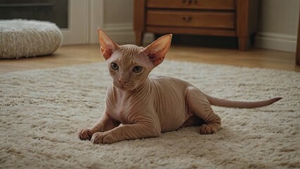 Red sphynx cat in the living room