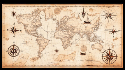 Obraz premium Vintage world map with antique cartography design featuring continents, oceans, compass roses, and illustrative sailing ships on a sepia background enhancing historical aesthetics.