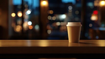 A craft paper coffee cup on a bar counter in a cozy with a blurred evening cityscape in the background, perfect for branding.