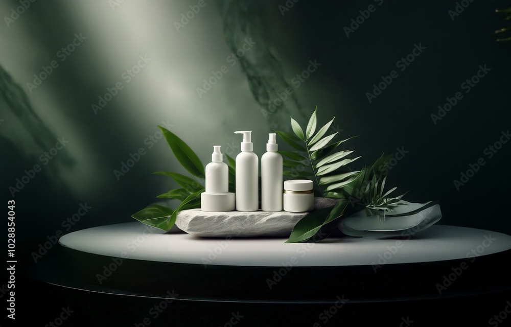 Poster White bottles and a jar of cream on a stone surface with green foliage against a dark green background.