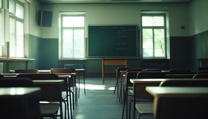 Empty high school classroom with vintage wooden desks and chairs ready for students