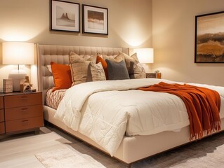 stylish modern bedroom featuring innovative design ideas, showcasing a cozy atmosphere with soft lighting, elegant furnishings, and a harmonious color palette, depicting a dream space for relaxation