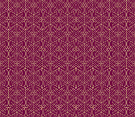 Subtle golden linear geometric seamless pattern with floral silhouettes, leaves, hexagonal grid, thin curved lines. Maroon and gold abstract texture. Vector luxury background. Repeating geo design