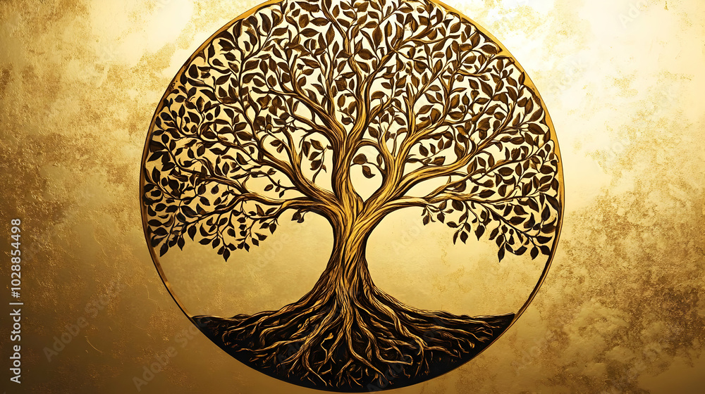 Aufkleber a stylized tree with intricate branches and roots on a golden background.