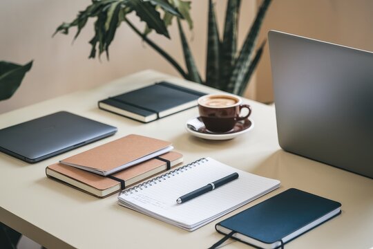 A desk with a laptop, a cup of coffee, and several notebooks