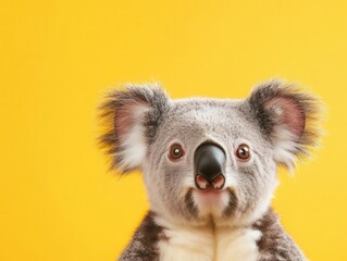 Fototapeta premium surprised koala with wide eyes peeking out from a vibrant yellow background, showcasing a humorous and adorable expression, perfect for animal lovers