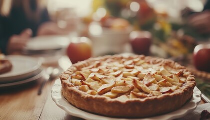 Close-up of apple pie and vegan meal at a family Thanksgiving dinner celebration