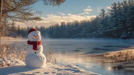 Fototapeta premium Snowman with red scarf by frozen lake during winter