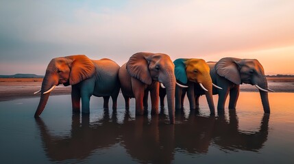 Four colorfully painted elephants standing in water at sunset with their reflections visible, creating a serene and artistic scene.