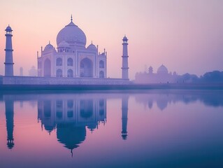 Fototapeta premium taj mahal stands majestically under a twilight sky, its intricate architecture shimmering in soft light, symbolizing love and beauty in a serene and romantic landscape
