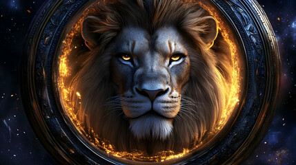 A majestic lion's face framed by a cosmic, fiery portal.