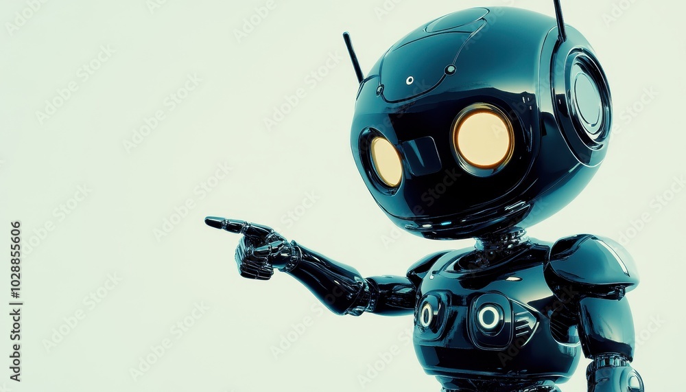Poster a cute robot pointing direction with space background and copy area for text