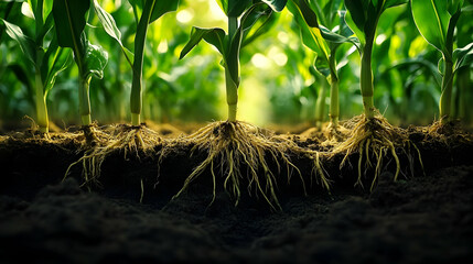 Close-up view of corn plants and their roots in rich soil.
