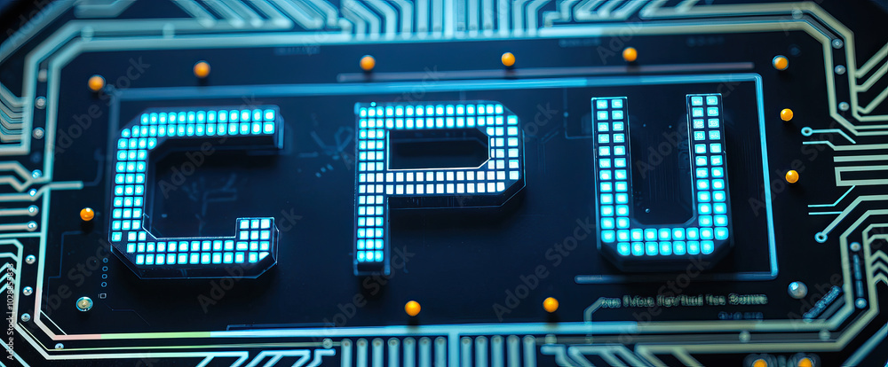 Poster cpu letters on circuit board with glowing blue lights and electronic patterns technology computing concepts