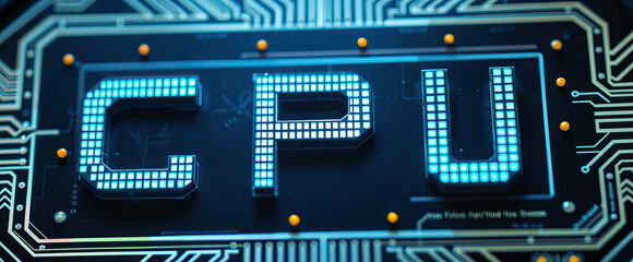 cpu letters on circuit board with glowing blue lights and electronic patterns technology computing concepts