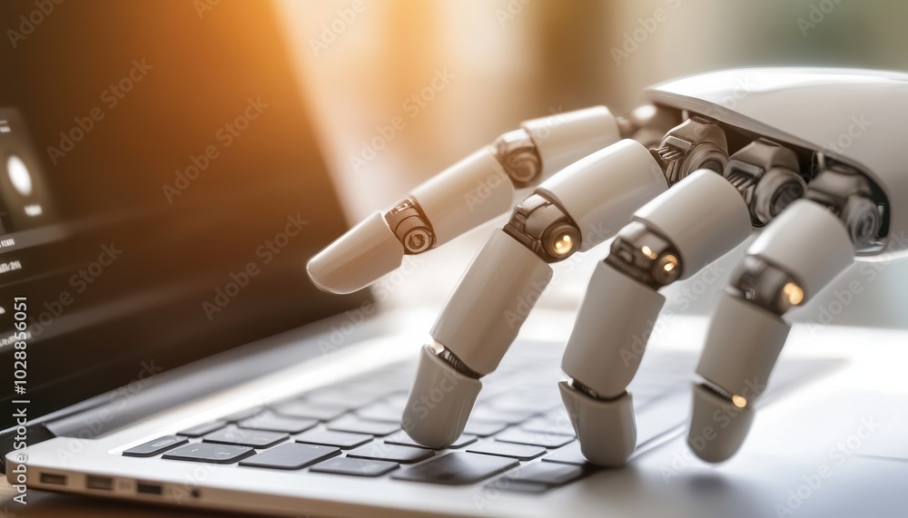 Poster robot hands interact with a laptop, showcasing artificial intelligence in action