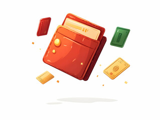 Flat Vector Illustration of a Floating Wallet and Credit Card in Mid-Air on Clean White Background, Symbolizing Hassle-Free Financial Transactions and E-Commerce Services