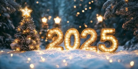 Large golden numbers "2025" with glowing holiday lights and snow-covered Christmas trees in the background.