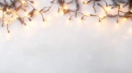 A string of Christmas lights on evergreen branches against a white background.