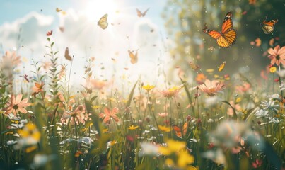 Sunlit field of wildflowers with butterflies fluttering around, 4K hyperrealistic photo
