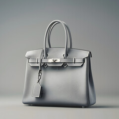 Gray handbag with keychain, luxury designer accessory.