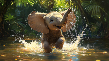 a cutest baby elephant you have ever seen, splashing water with its tiny feet in a shallow pool.
