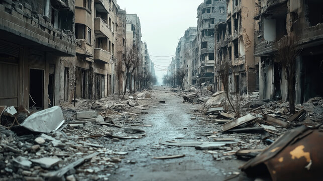 Desolate urban street with destroyed buildings and rubble, depicting aftermath of conflict or disaster