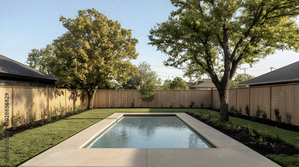 Poster a serene backyard with a pool surrounded by trees and grass.
