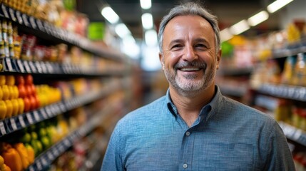 Smiling man in a grocery store aisle