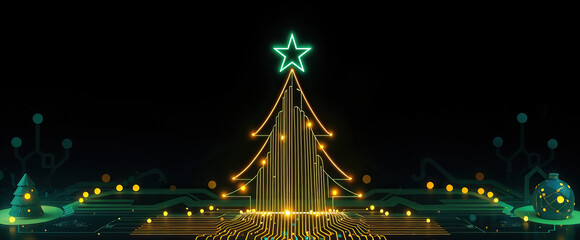neon glowing lines forming abstract christmas tree with star on top against dark background with circuit elements