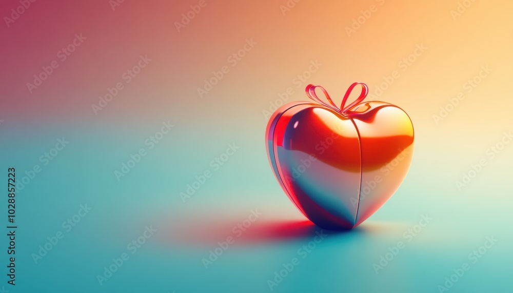 Poster bright red heart 3d icon with a gradient christmas present in smooth style