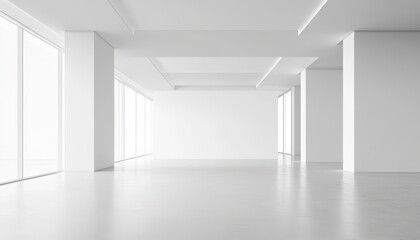 Obraz premium Spacious white office interior with natural light-filled windows in an open layout