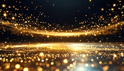 Abstract golden light particles creating waves and reflections.