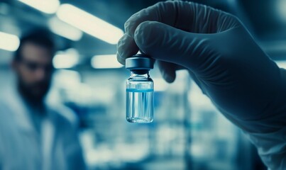 Gloved hand holding a vial of liquid.