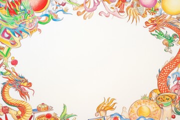 Whimsical Naive Children's Pencil Drawing of Festive Dragon Celebration Border