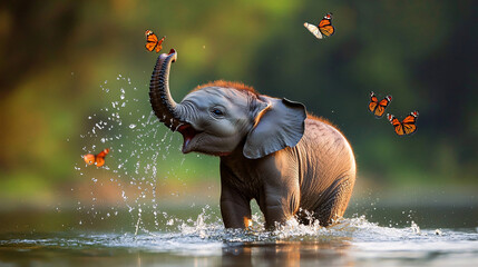 a cutest baby elephant you have ever seen, splashing water with its tiny feet in a shallow pool.