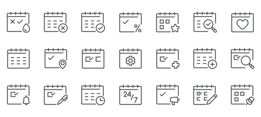Thin Line Calendar and Task Icon Set, Editable Vector Calendar Symbols of Schedule, Notifications, Deadlines, and Calendar Customization for Business Planning.